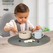 Set 4 piese vesela din silicon pentru mancarea copiilor (farfurie, castron, canuta, lingurita), fara BPA, lavabile in masina de spalat vase, de la 6 luni, bej, Reer 25100