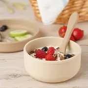 Set 4 piese vesela din silicon pentru mancarea copiilor (farfurie, castron, canuta, lingurita), fara BPA, lavabile in masina de spalat vase, de la 6 luni, bej, Reer 25100