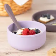 Set 4 piese vesela din silicon pentru mancarea copiilor (farfurie, castron, canuta, lingurita), fara BPA, lavabile in masina de spalat vase, de la 6 luni, mov, Reer 25124