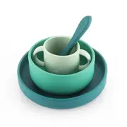 Set 4 piese vesela din silicon pentru mancarea copiilor (farfurie, castron, canuta, lingurita), fara BPA, lavabile in masina de spalat vase, de la 6 luni, verde, Reer 25113