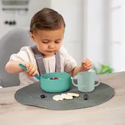 Set 4 piese vesela din silicon pentru mancarea copiilor (farfurie, castron, canuta, lingurita), fara BPA, lavabile in masina de spalat vase, de la 6 luni, verde, Reer 25113