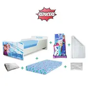 Pachet Promo Complet Pat Fete Start Frozen 2-8 ani cu saltea 140/70/12 cm SmartNest cu lana, husa, perna, pilota si lenjerie