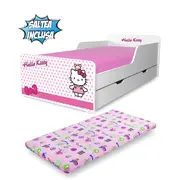 Pat pentru Fete 2-12 ani Start Hello Kitty cu sertar si Saltea cu lana SafeNest 160x80cm- PC-P-MK-SRT-HKT-80