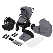 Carucior 3 in 1, Lionelo, Mika Plus, Cadru din aluminiu, Cu landou intarit si salteluta moale, Scoica auto, Reversibil, Cu sistem de ventilatie 3D, Maner ajustabil, Cu accesorii, Pana la 22 kg, EN1888-1 EN1888-2 EN1466 ECE R129, Gri BYNLO-MIKA_PLUS_3IN1_G