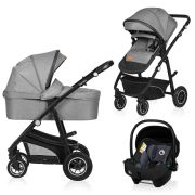 Lionelo - Carucior Bianka, 3 in 1, Cadru aluminiu, Cu landou intarit si salteluta moale, Maner ajustabil, Include saculet de picioare, Husa de ploaie si tantari, Geanta pentru parinti, Sustine 22 kg, 0 luni+, EN1466:2014+AC:2015, EN1888, Gri BYNLO-BIANKA_