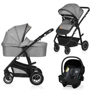 Lionelo - Carucior Bianka, 3 in 1, Cadru aluminiu, Cu landou intarit si salteluta moale, Maner ajustabil, Include saculet de picioare, Husa de ploaie si tantari, Geanta pentru parinti, Sustine 22 kg, 0 luni+, EN1466:2014+AC:2015, EN1888, Gri BYNLO-BIANKA_