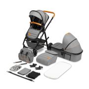 Lionelo - Carucior compact Amber, 2 in 1, Cadru din aluminiu, Cu landou intarit si salteluta moale, Reversibil, Maner ajustabil, Huse pentru picioare, Plasa de tantari, Husa de ploaie, Geanta parinti, Pana la 22 kg, Gri Deschis BYNLO-AMBER_2IN1_GREY_STONE