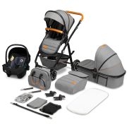Lionelo - Carucior compact Amber, 3 in 1, Cadru din aluminiu, Cu landou intarit si salteluta moale, Scoica auto, Reversibil, Maner ajustabil, Huse pentru picioare, Plasa de tantari, Husa de ploaie, Geanta parinti, Pana la 22 kg, Gri BYNLO-AMBER_3IN1_GREY_