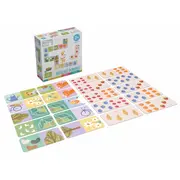 Joc educational pentru copii, Domino piese mari gigant, KuKiKuk Efko,28 piese printate pe ambele fete cu fructe si obiecte gradinarit, carton gros, animatii colorate haioase, varsta 2-6 ani