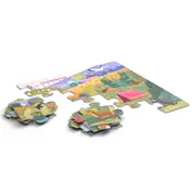 Joc educational pentru copii, tip puzzle On the trip cu 2 fete, KuKiKuk Efko, 24 piese mari, carton gros, animatii colorate haioase, o fata pentru colorat, dimensiune montare 68x47 cm, varsta 2-6 ani
