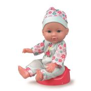 Papusa bebe 30 cm, cu salopeta haioasa inflorata si caciulita, cu accesorii mancare, jucarie zornaitoare si olita