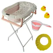 Cadita pliabila roz cu suport metalic KidsCare, termometru, perna reductor, jucarii, protectie cap, cana pliabila SUPKC-CB312-SUPORT-pink