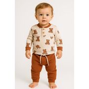 Set bluzita si pantaloni teddy bear din bumbac, cu snur si nasturi bbl23-1
