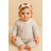 Costumas elegant pentru fetite, 2 piese – bluza cu dantela si fundita + pantaloni comozi trmd9962