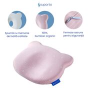 Perna Bebelus Suporto Ursulet, 0-12 luni, Impotriva Plagiocefaliei, pentru Formarea Capului la Nou Nascuti, Ortopedica si Hipoalergenica din Spuma cu Memorie, Husa Bumbac 100%, Roz SPTPBE2ROZ