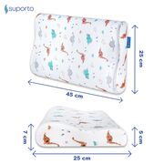 Perna copii Suporto Toddler, 2 - 9 ani, Ortopedica si Hipoalergenica din Spuma cu Memorie, 2 Inaltimi pentru dormit si Suport cervical, Husa Bumbac 100%, Alba, Model Dinozauri SPTPCO4