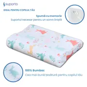 Perna copii Suporto Toddler, 2 - 9 ani, Ortopedica si Hipoalergenica din Spuma cu Memorie, 2 Inaltimi pentru dormit si Suport cervical, Husa Bumbac 100%, Alba, Model Iepurasi SPTPCO3