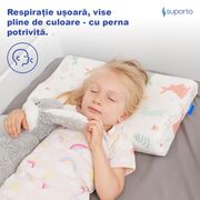 Perna copii Suporto Toddler, 2 - 9 ani, Ortopedica si Hipoalergenica din Spuma cu Memorie, 2 Inaltimi pentru dormit si Suport cervical, Husa Bumbac 100%, Alba, Model Iepurasi SPTPCO3