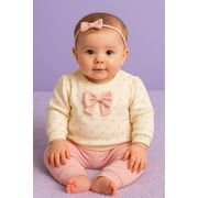 Set bebelusi crem cu buline si fundita + pantaloni roz – 2 piese moi si confortabile trmbp1022