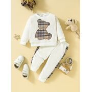 Set bebelusi cu ursulet si detalii in carouri – bluza + pantaloni, moale si calduros mbtu138