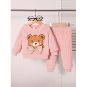Set pufos bebelusi roz cu ursulet si fundita – bluza si pantaloni, calduros pentru sezonul rece mbtu137