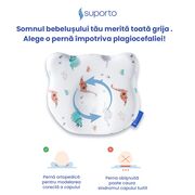 Perna Bebelus Suporto Ursulet, 0-12 luni, Impotriva Plagiocefaliei, pentru Formarea Capului la Nou Nascuti, Ortopedica si Hipoalergenica din Spuma cu Memorie, Husa Bumbac 100%, Alba, Model cu Dinozauri SPTPBE2DINO