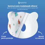 Perna Bebelus Suporto Ursulet, 0-12 luni, Impotriva Plagiocefaliei, pentru Formarea Capului la Nou Nascuti, Ortopedica si Hipoalergenica din Spuma cu Memorie, Husa Bumbac 100%, Alba, Model cu Dinozauri SPTPBE2DINO