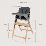 Scaun de masa multifunctional Megan, Lionelo, Din lemn de fag, 6 luni- adult, Reglabil pe inaltime, Husa impermeabila, Tavita silicon, Suport de picioare reglabil, Greutate maxima 110 Kg, Gri BYNLO-MEGAN_GREY_WOOD