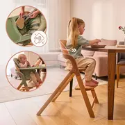 Scaun de masa multifunctional Megan, Lionelo, Din lemn de fag, 6 luni- adult, Reglabil pe inaltime, Husa impermeabila, Tavita silicon, Suport de picioare reglabil, Greutate maxima 110 Kg, Verde BYNLO-MEGAN_GREEN_WOOD