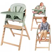 Scaun de masa multifunctional Megan, Lionelo, Din lemn de fag, 6 luni- adult, Reglabil pe inaltime, Husa impermeabila, Tavita silicon, Suport de picioare reglabil, Greutate maxima 110 Kg, Verde BYNLO-MEGAN_GREEN_WOOD