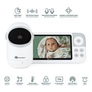 Video monitor, Petite&Mars, Eve 5.0, Ecran HD, Autonomie baterie pana la 16 ore, Raza de actiune 300m, Suport pentru pana la 4 camere, Comunicare bidirectionala, 8 melodii, Activare VOX la voce, Alb BYN680045