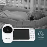 Video monitor, Petite&Mars, Eve 5.0, Ecran HD, Autonomie baterie pana la 16 ore, Raza de actiune 300m, Suport pentru pana la 4 camere, Comunicare bidirectionala, 8 melodii, Activare VOX la voce, Alb BYN680045