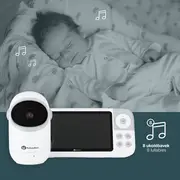 Video monitor, Petite&Mars, Eve 5.0, Ecran HD, Autonomie baterie pana la 16 ore, Raza de actiune 300m, Suport pentru pana la 4 camere, Comunicare bidirectionala, 8 melodii, Activare VOX la voce, Alb BYN680045