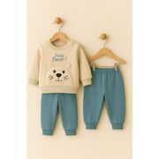 Costum teddy bear pentru baieti, bluza bej si pantaloni bleu - set confortabil bebe trmd56559