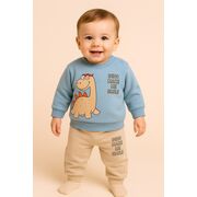 Costumas 2 piese din bumbac cu dinozaur - bluza si pantaloni comozi trmb3706