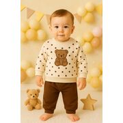 Costumas bebe ursulet cu buline, bluza crem si pantaloni maro – set 2 piese trmd655