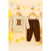 Costumas bebe ursulet cu buline, bluza crem si pantaloni maro – set 2 piese trmd655