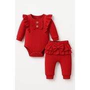 Set bebelusi 2 piese – body cu volanase + pantaloni cu fundita - rosu bbl-bbk014