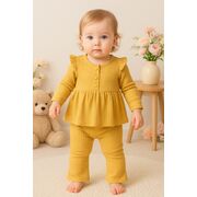 Set fetite rib mustar bluza volanase pantaloni elastici bbl51