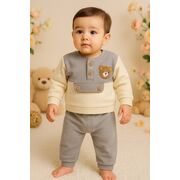 Costumas bebelusi gri crem cu ursulet – set 2 piese confort trmb7008