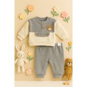 Costumas bebelusi gri crem cu ursulet – set 2 piese confort trmb7008