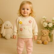 Set 2 piese bluza cu aplicatii florale 3d si pantaloni bumbac 100% moale bbl58