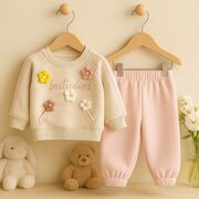 Set 2 piese bluza cu aplicatii florale 3d si pantaloni bumbac 100% moale bbl58