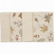 Set 4 lavete, Bubaba, Din muselina, Dimensiune 40x40 cm, Pentru spalarea si ingrijirea fetei si a corpului bebelusului dupa masa sau baita, Beige Leafs BYN87790