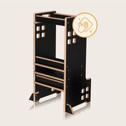 Turn de invatare Montessori, Lionelo, Cass, Functie de raft pentru carti, Pana la 30 kg, 12 luni - 6 ani, Din MDF si furnir, 3 trepte de inaltime, Negru BYNLO-CASS_BLACK_ONYX