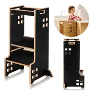 Turn de invatare Montessori, Lionelo, Cass, Functie de raft pentru carti, Pana la 30 kg, 12 luni - 6 ani, Din MDF si furnir, 3 trepte de inaltime, Negru BYNLO-CASS_BLACK_ONYX