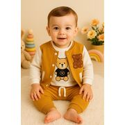 Costumas 3 piese bebelusi cu ursulet - hanorac, bluza si pantaloni comozi trmd7434