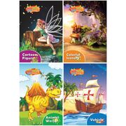 Set 4 caiete de colorat razuibile cu diverse teme si cu 12 culori, rechizite scolare, multicolor, 19 cm X 13 cm SUPKC_CAIETE_RAZ1