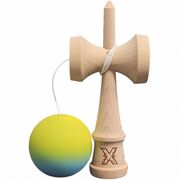 Kendama X 18 cm cu bilă cauciucată Galben/Blue– lemn natural, design premium, joc de dexteritate - ASC6427968007713