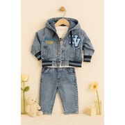 Costum baietel din denim forever club, 3 piese – jacheta cu gluga, bluza si pantaloni comozi trmb3016